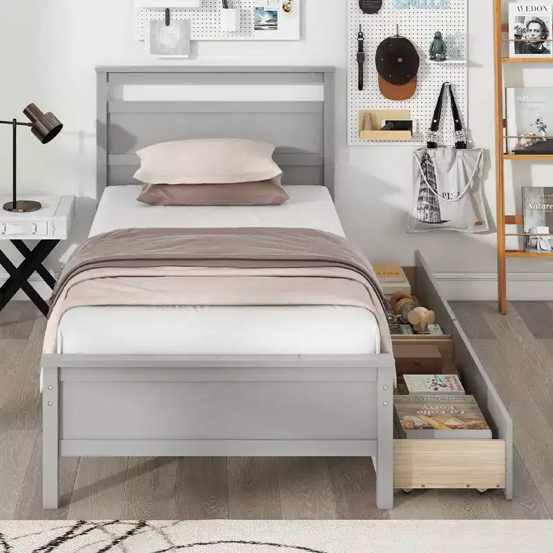 Lit plateforme double avec tiroirs, tête de lit et pied de lit, gris