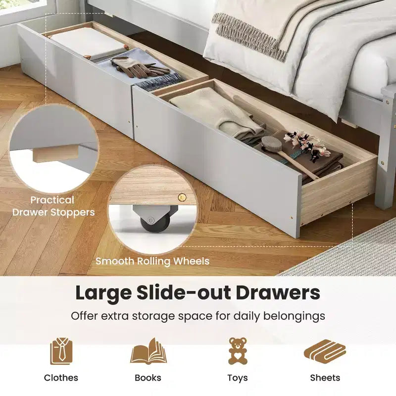 Lit plateforme double avec tiroirs, tête de lit et pied de lit, gris