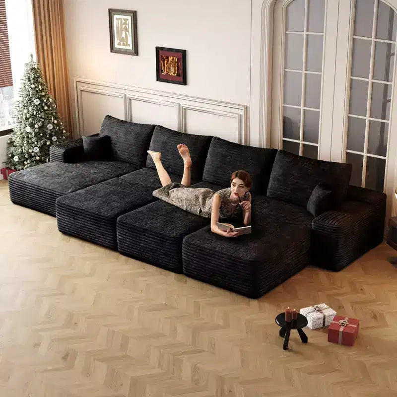 Canapé modulable noir de 343 cm avec 3 poufs pour salon d'appartement (tissu velours côtelé moelleux)