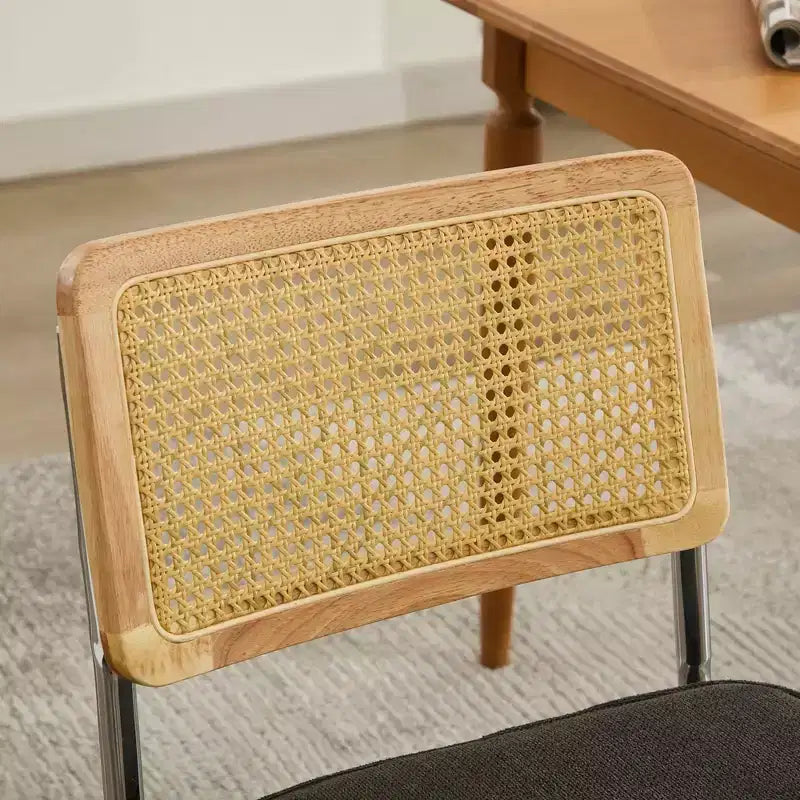 2 Chaises de Salle à Manger Modernes avec Assise en Lin, Dossier en Rotin et Piètement Chromé