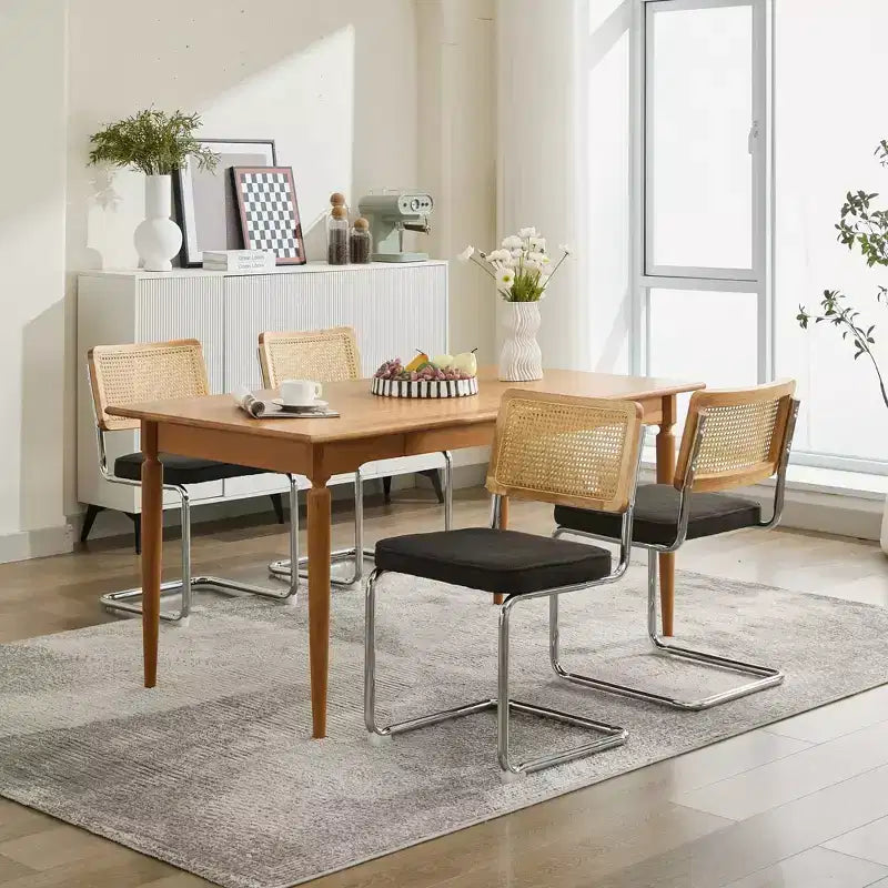 2 Chaises de Salle à Manger Modernes avec Assise en Lin, Dossier en Rotin et Piètement Chromé