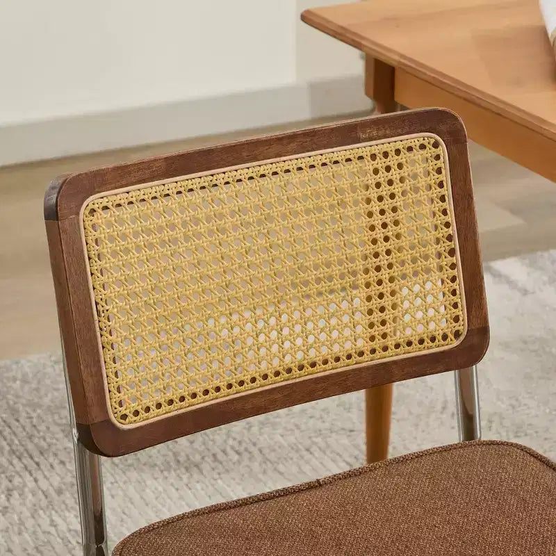 2 Chaises de Salle à Manger Modernes avec Assise en Lin, Dossier en Rotin et Piètement Chromé