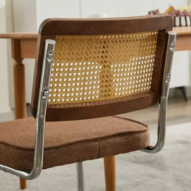 2 Chaises de Salle à Manger Modernes avec Assise en Lin, Dossier en Rotin et Piètement Chromé