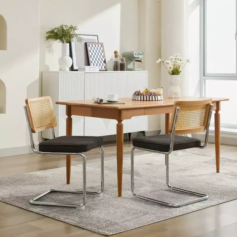 2 Chaises de Salle à Manger Modernes avec Assise en Lin, Dossier en Rotin et Piètement Chromé