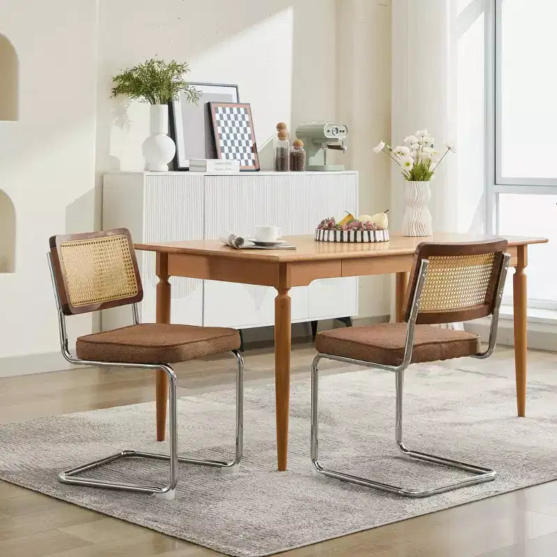 TUYOHW 2Pcs Modern Dining Chairs,Soft Linen Dining Room Chairs,Sturdy Side Chairs with Stainless Chrome Base & Rattan Back,360lbs Capacity