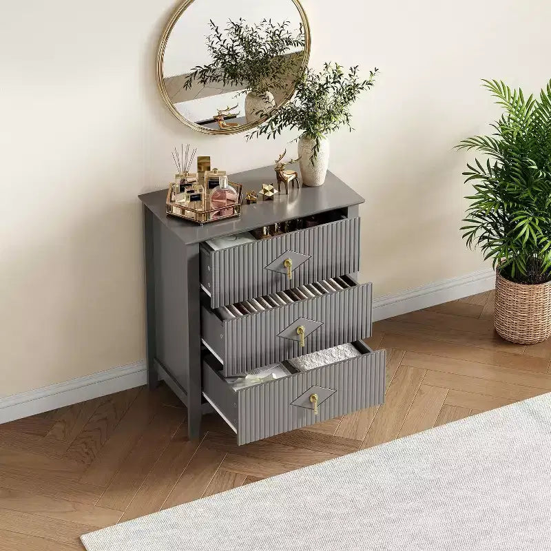 Commode cannelée à 3 tiroirs de 70 cm, armoire de rangement moderne avec tiroirs profonds
