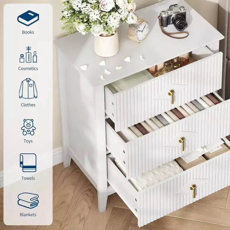 Commode cannelée à 3 tiroirs de 70 cm, armoire de rangement moderne avec tiroirs profonds