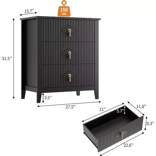 Commode cannelée à 3 tiroirs de 70 cm, armoire de rangement moderne avec tiroirs profonds
