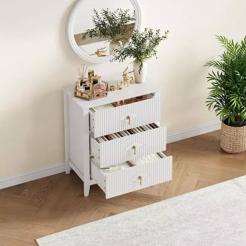 Commode cannelée à 3 tiroirs de 70 cm, armoire de rangement moderne avec tiroirs profonds