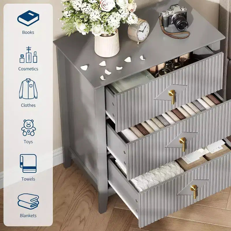 Commode cannelée à 3 tiroirs de 70 cm, armoire de rangement moderne avec tiroirs profonds