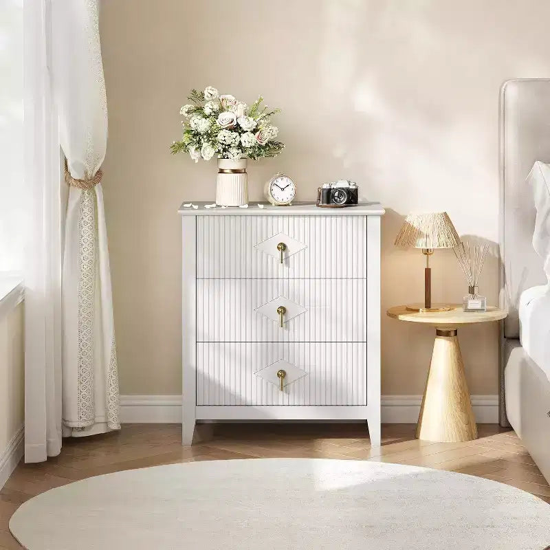 Commode cannelée à 3 tiroirs de 70 cm, armoire de rangement moderne avec tiroirs profonds