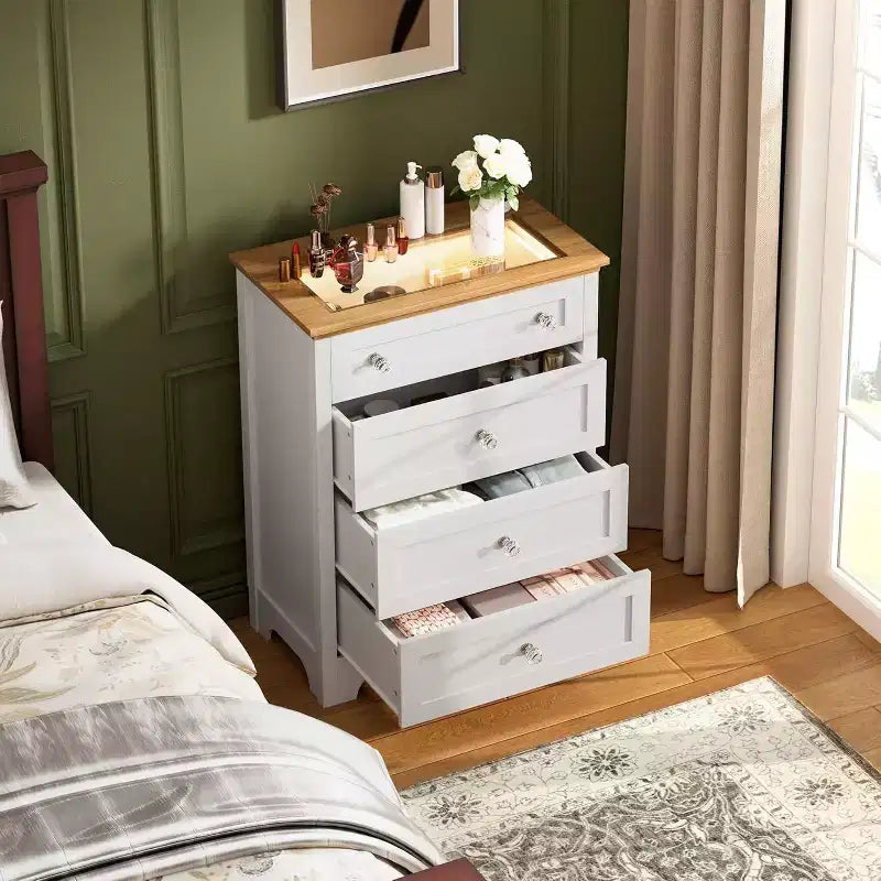 Acekool 4 Drawer Nightstand Cabinet with Glass Top, Modern Dresser for Bedroom, Living Room, Entryway