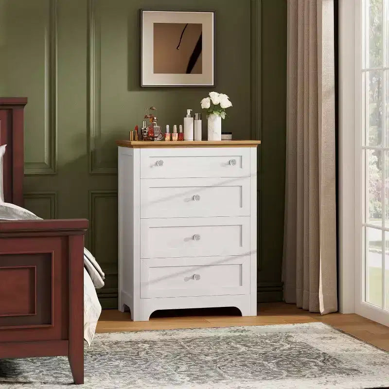 Table de chevet à 4 tiroirs avec plateau en verre, commode moderne pour chambre, salon, entrée