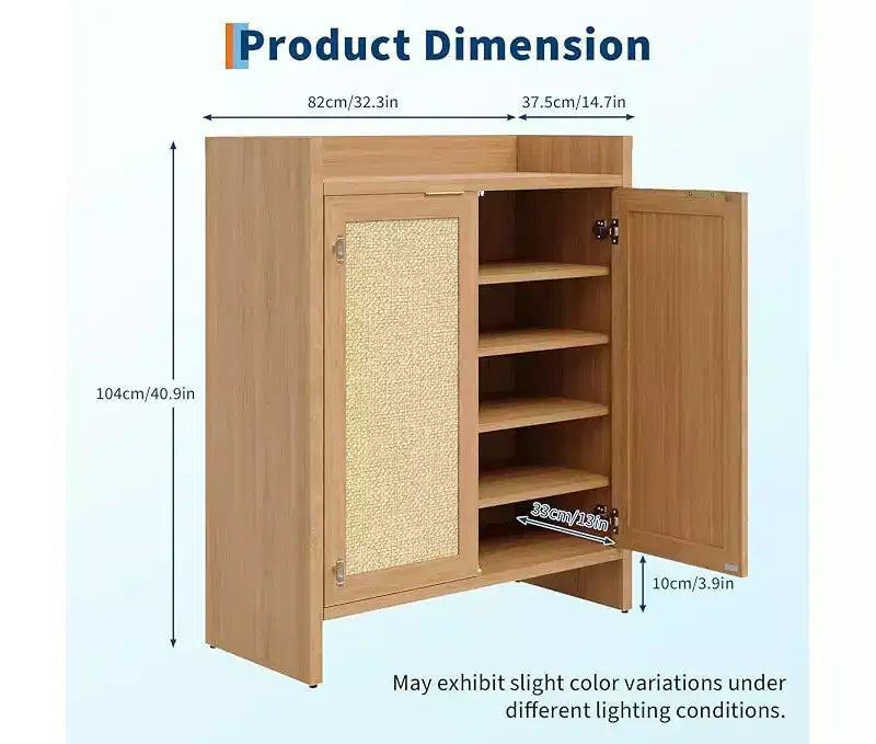 Meuble à chaussures en rotin avec portes ventilées et étagères réglables