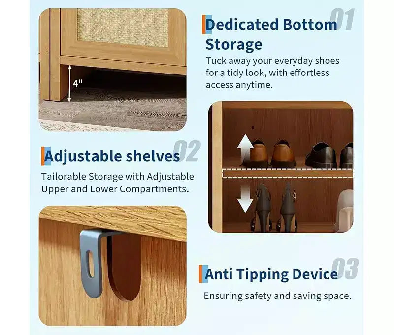 Meuble à chaussures en rotin avec portes ventilées et étagères réglables
