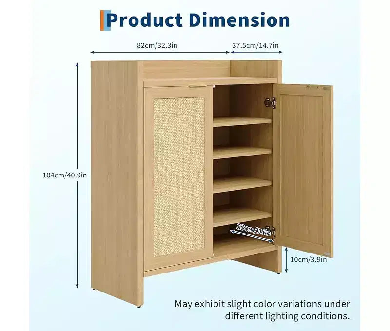 Meuble à chaussures en rotin avec portes ventilées et étagères réglables