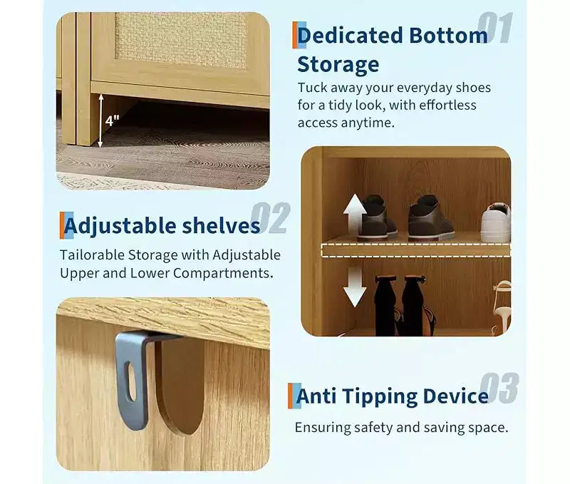 Meuble à chaussures en rotin avec portes ventilées et étagères réglables