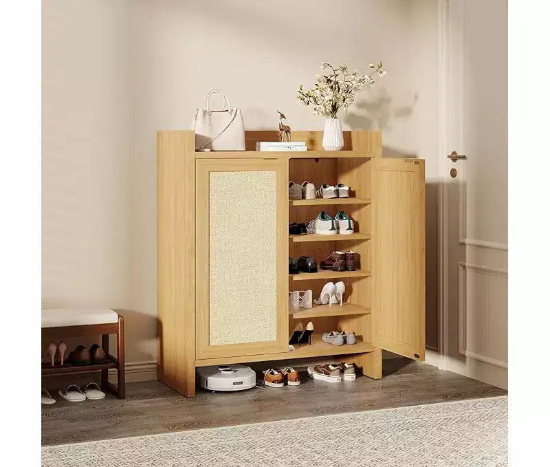 Rattan Shoe Storage Cabinet with Ventilated Rattan Doors & Wood Grain Warmth, Adjustable Shelves for Flexible Storage