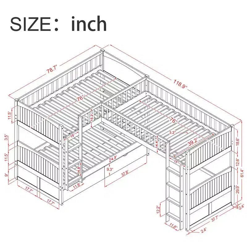 Lit superposé simple avec tiroirs intégrés et espace polyvalent sous le lit