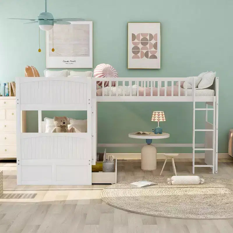 Lit superposé simple avec tiroirs intégrés et espace polyvalent sous le lit
