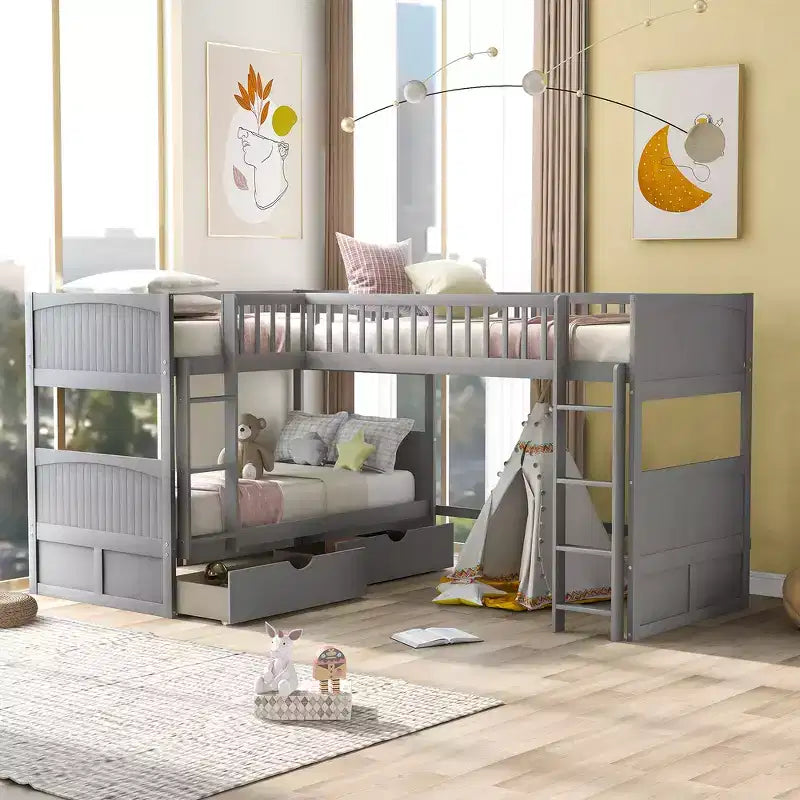Lit superposé simple avec tiroirs intégrés et espace polyvalent sous le lit