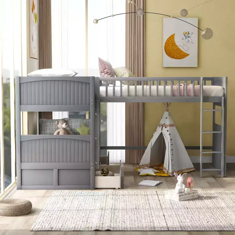 Lit superposé simple avec tiroirs intégrés et espace polyvalent sous le lit