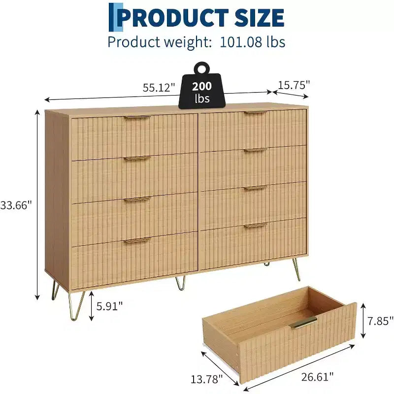 Commode à 8 tiroirs en bois cannelé avec poignées en métal