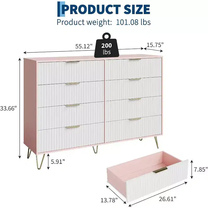 Commode à 8 tiroirs en bois cannelé avec poignées en métal