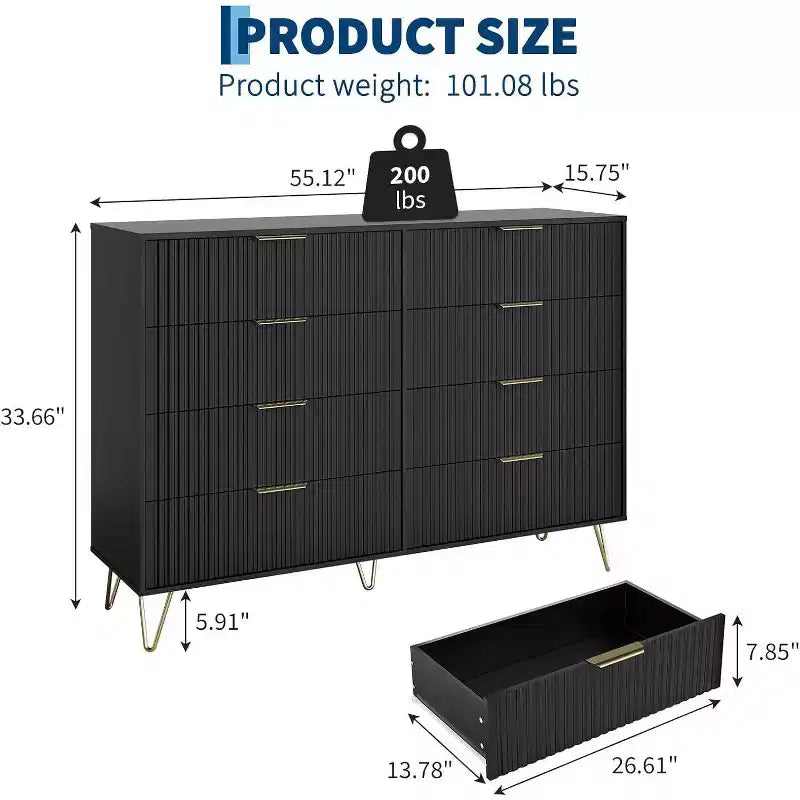 Commode à 8 tiroirs en bois cannelé avec poignées en métal
