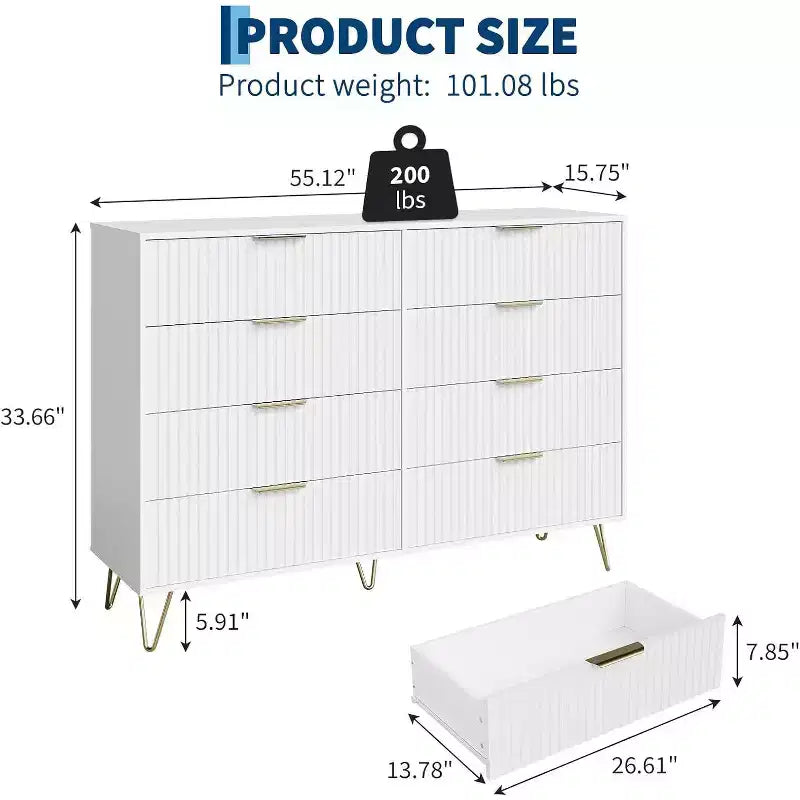 Commode à 8 tiroirs en bois cannelé avec poignées en métal