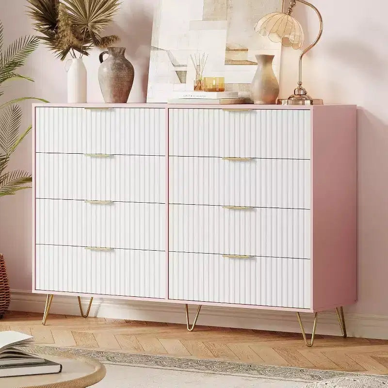 Modern 55 Fluted 8-Drawer Wooden Dresser with Metal Handles - Versatile Storage Organizer & TV Stand for Bedroom and Living Room.