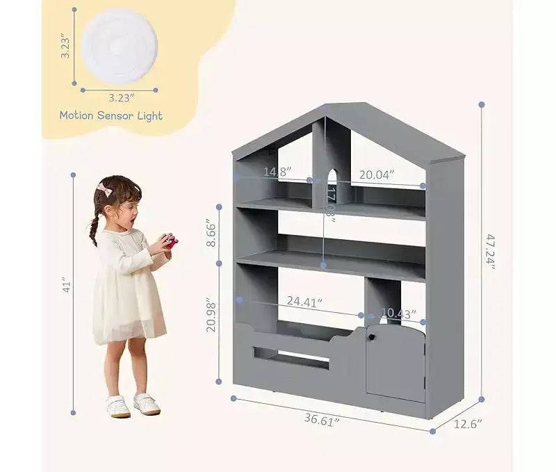 Étagère à Livres et Organisateur de Jouets 3 Niveaux pour Enfants avec Lumière à Détecteur de Mouvement