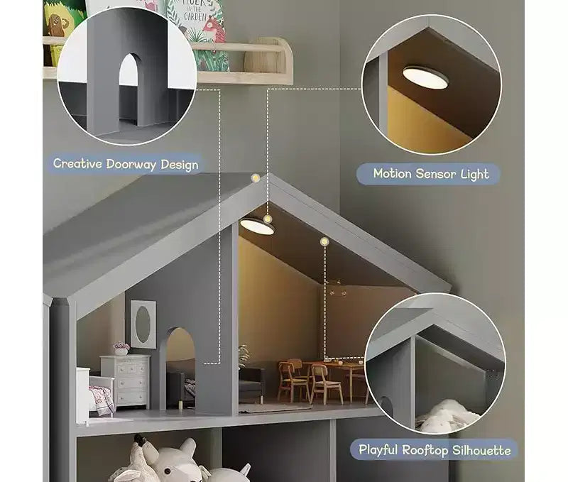 Étagère à Livres et Organisateur de Jouets 3 Niveaux pour Enfants avec Lumière à Détecteur de Mouvement