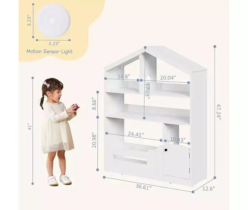 Étagère à Livres et Organisateur de Jouets 3 Niveaux pour Enfants avec Lumière à Détecteur de Mouvement