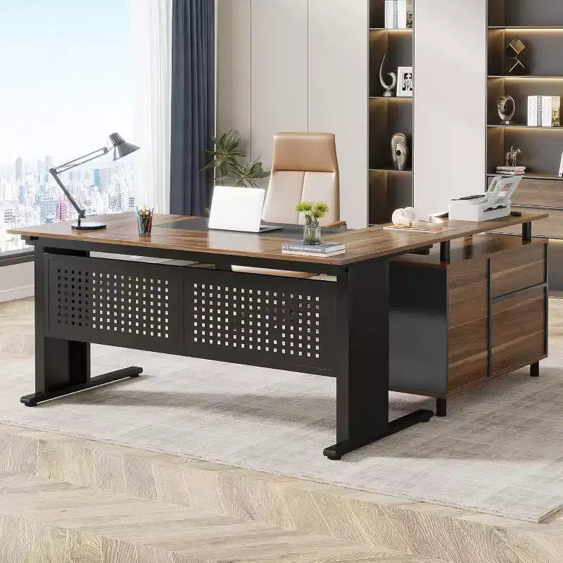 Lantine 63 Inch Executive Desk with File Cabinet, Large Office Desk L Shaped Computer Desk with Drawers for Home Office, Brown and Black