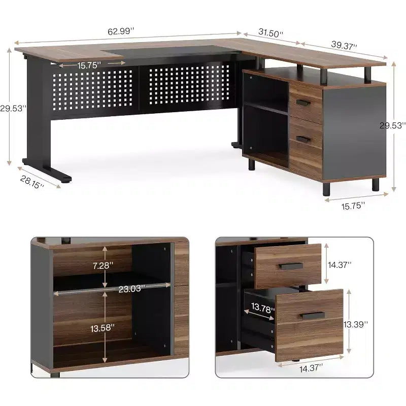 Bureau de direction en L de 63 pouces avec classeur et tiroirs pour bureau à domicile, marron et noir