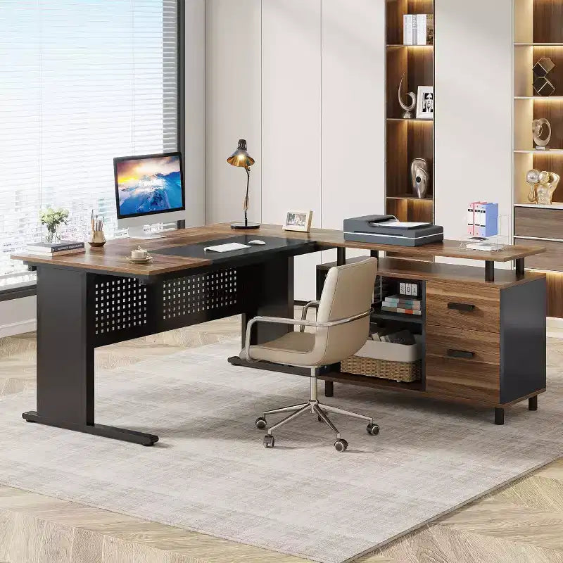 Bureau de direction en L de 63 pouces avec classeur et tiroirs pour bureau à domicile, marron et noir