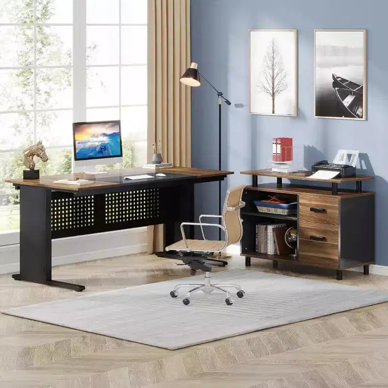 Bureau de direction en L de 63 pouces avec classeur et tiroirs pour bureau à domicile, marron et noir