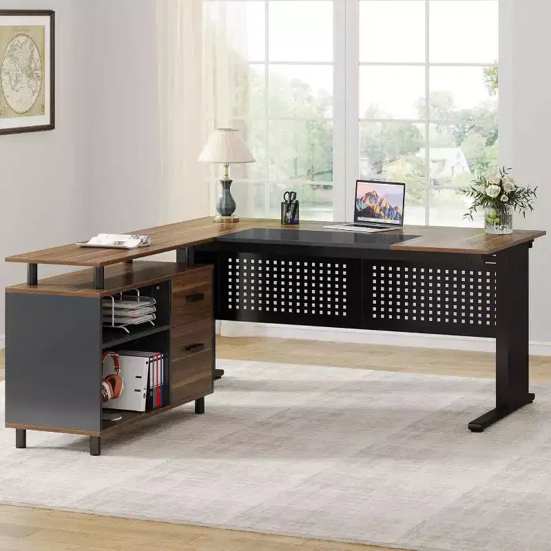 Bureau de direction en L de 63 pouces avec classeur et tiroirs pour bureau à domicile, marron et noir