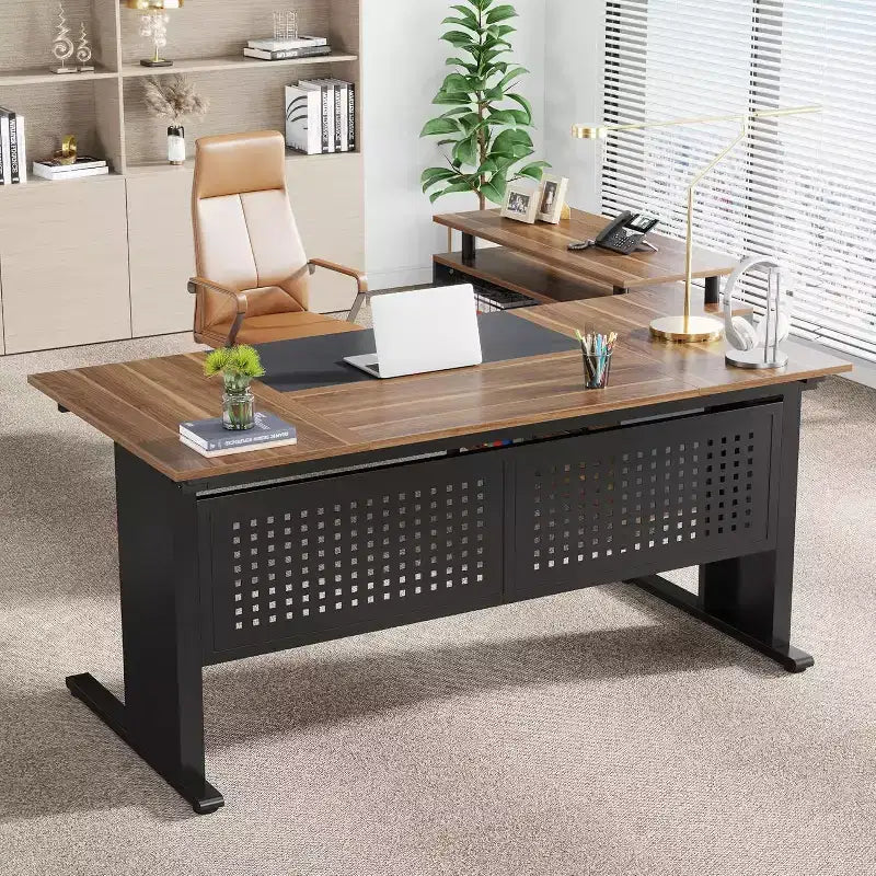 Bureau de direction en L de 63 pouces avec classeur et tiroirs pour bureau à domicile, marron et noir