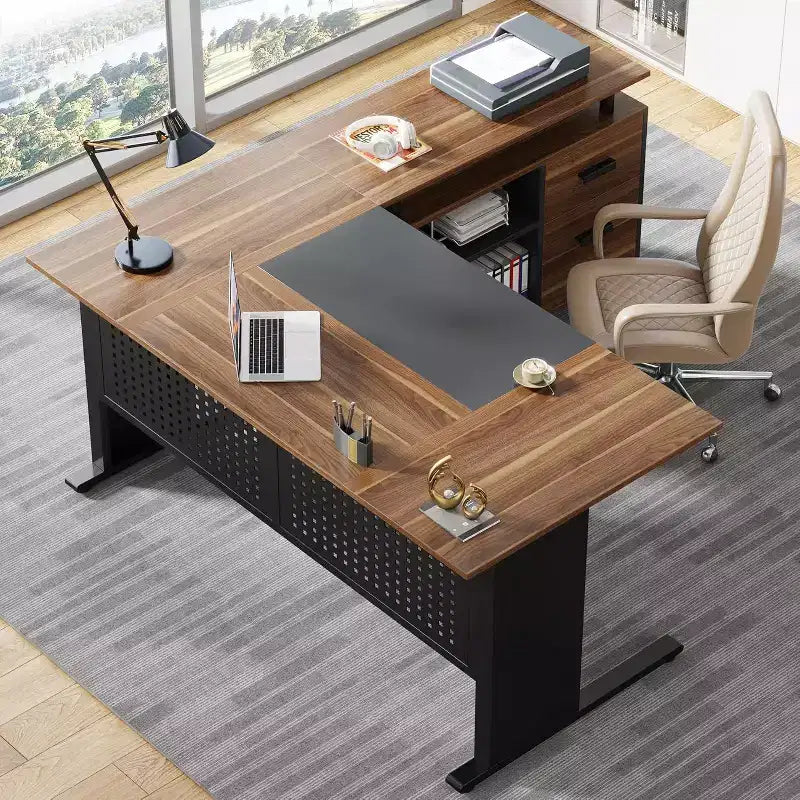 Bureau de direction en L de 63 pouces avec classeur et tiroirs pour bureau à domicile, marron et noir