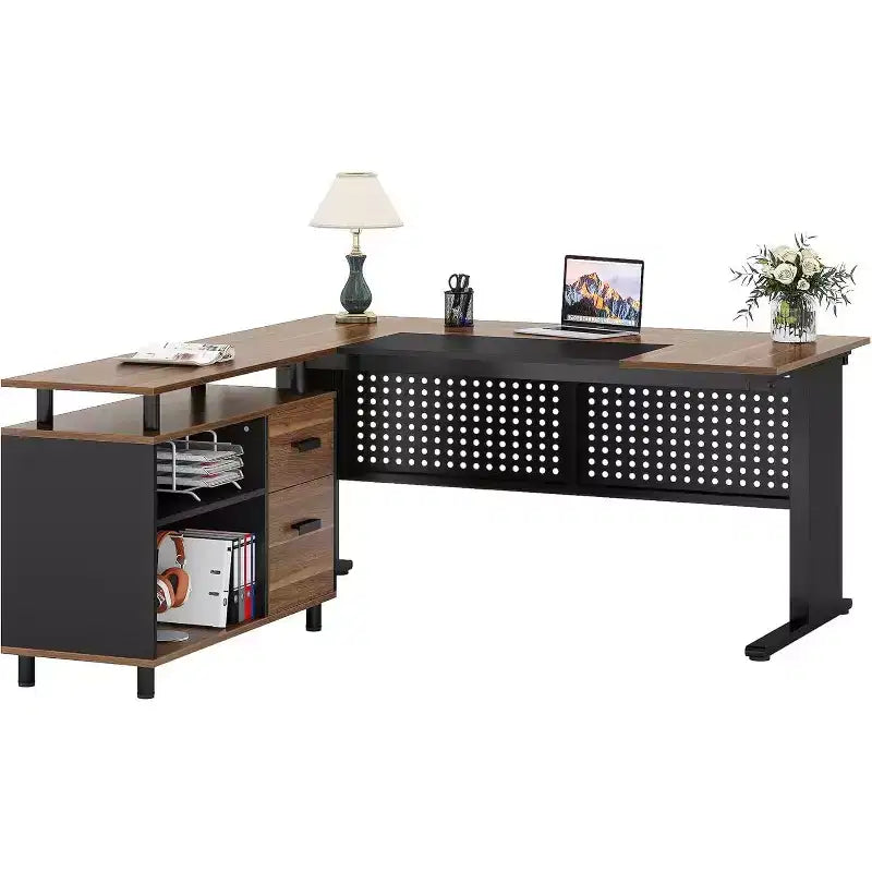 Bureau de direction en L de 63 pouces avec classeur et tiroirs pour bureau à domicile, marron et noir