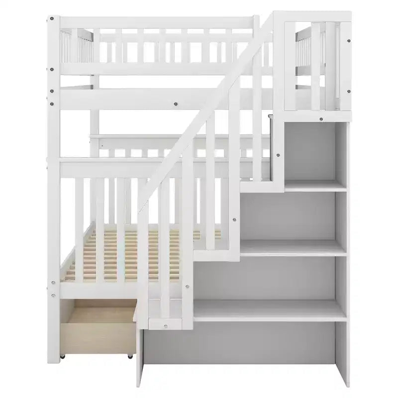 Lit superposé double sur double avec tiroirs et escalier de rangement