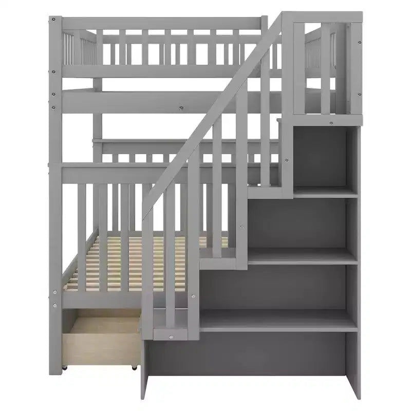 Lit superposé double sur double avec tiroirs et escalier de rangement
