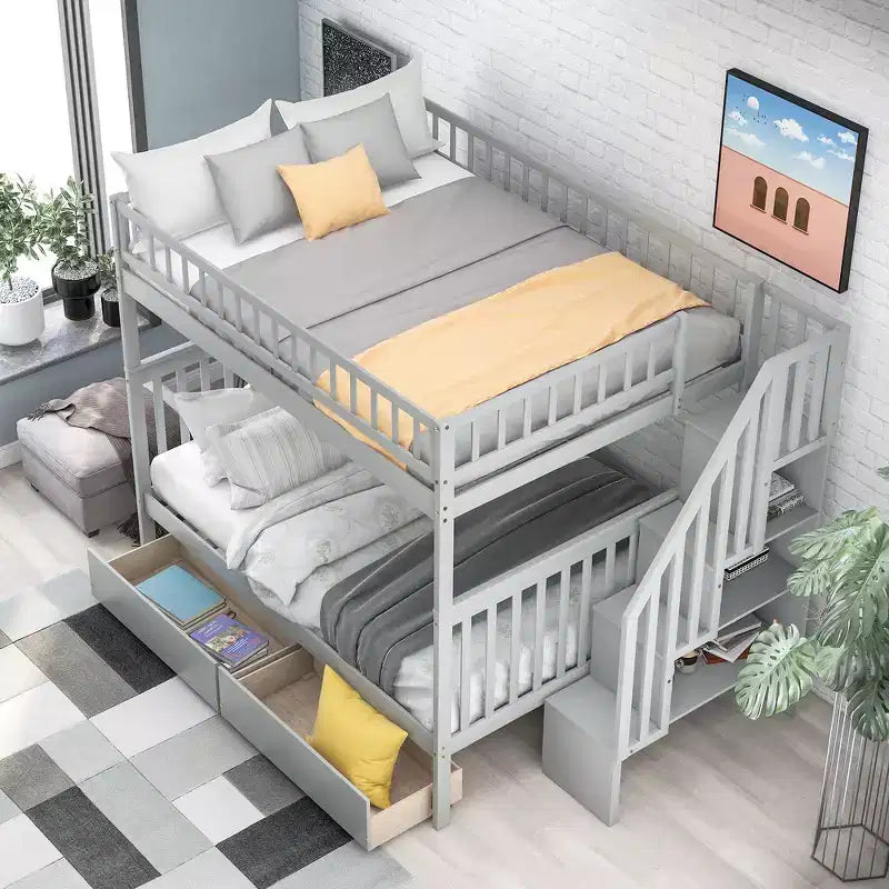 Whisen Full over Full Bunk Bed with Two Drawers and Storage Staircase