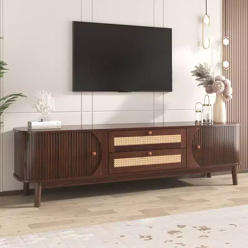 66.93 Inch Brown Rattan TV Stand Media Console for TVs up to 75 Inches with Solid Wood Legs for Living Room