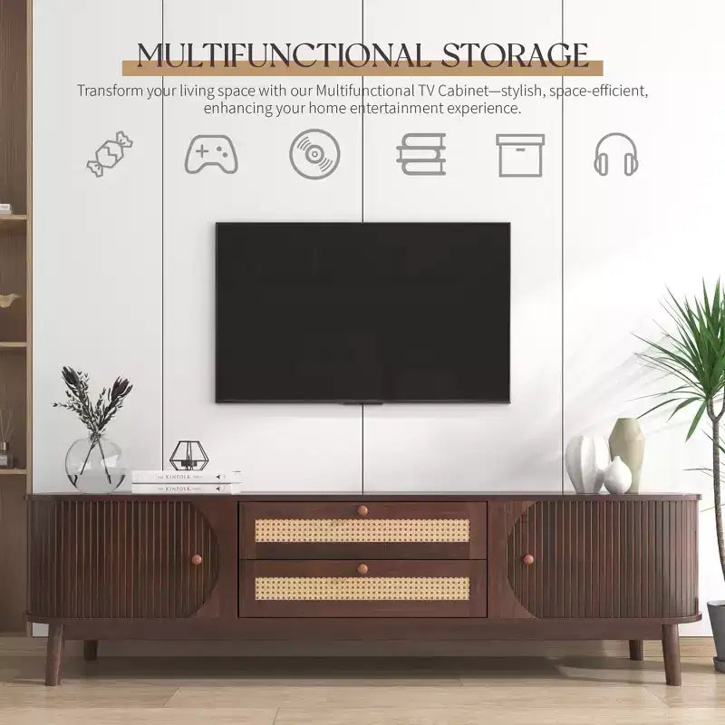 Meuble TV en rotin marron de 170 cm avec pieds en bois massif, compatible avec les téléviseurs jusqu'à 75 pouces