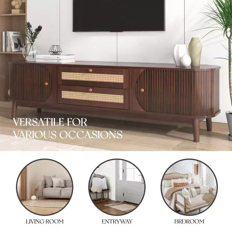 Meuble TV en rotin marron de 170 cm avec pieds en bois massif, compatible avec les téléviseurs jusqu'à 75 pouces