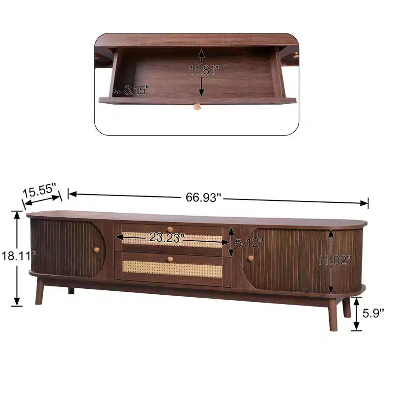 Meuble TV en rotin marron de 170 cm avec pieds en bois massif, compatible avec les téléviseurs jusqu'à 75 pouces