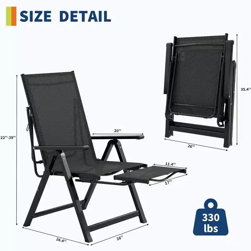 Chaise longue de jardin pliante avec accoudoirs et repose-pieds, inclinable 10 positions, portable pour jardin et camping